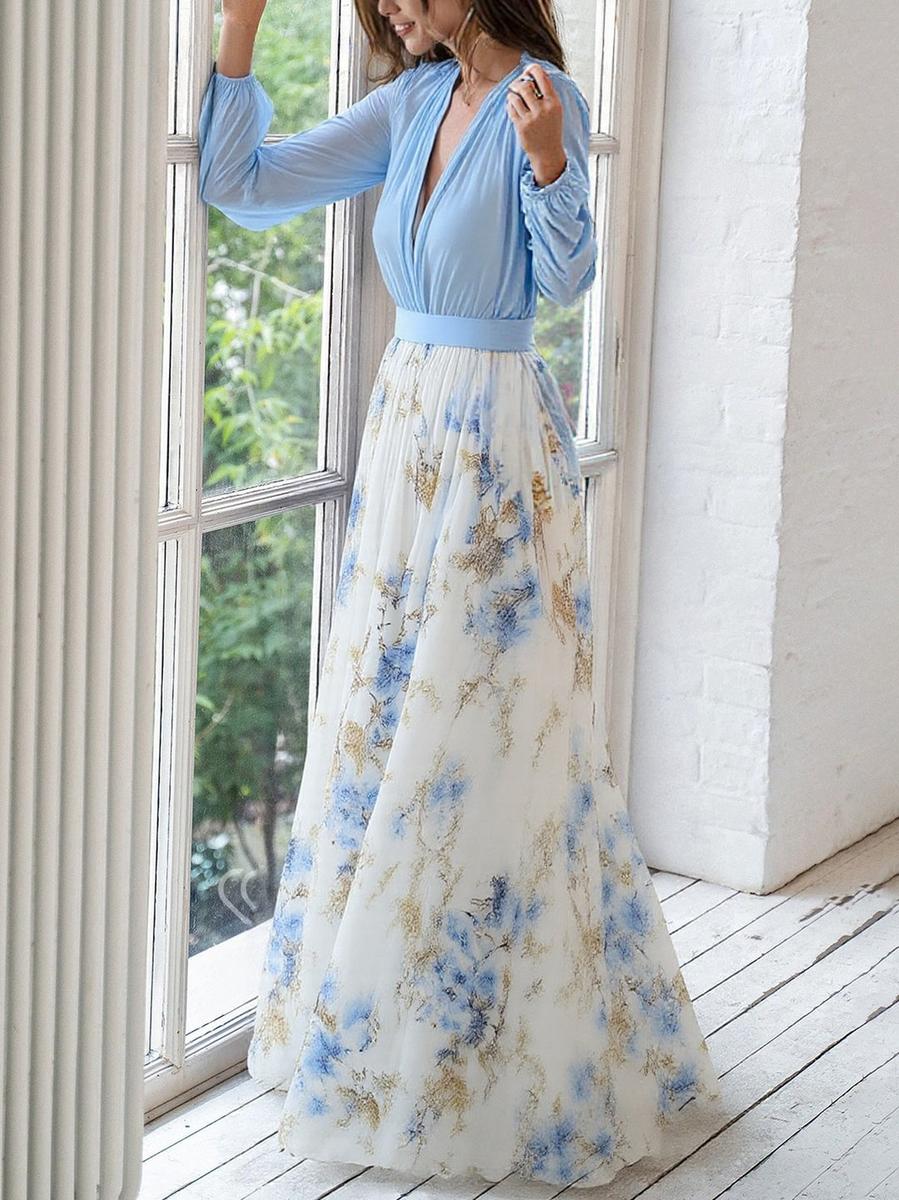 Corina™ | Elegant Blommig Maxiklänning med Djup V-ringning