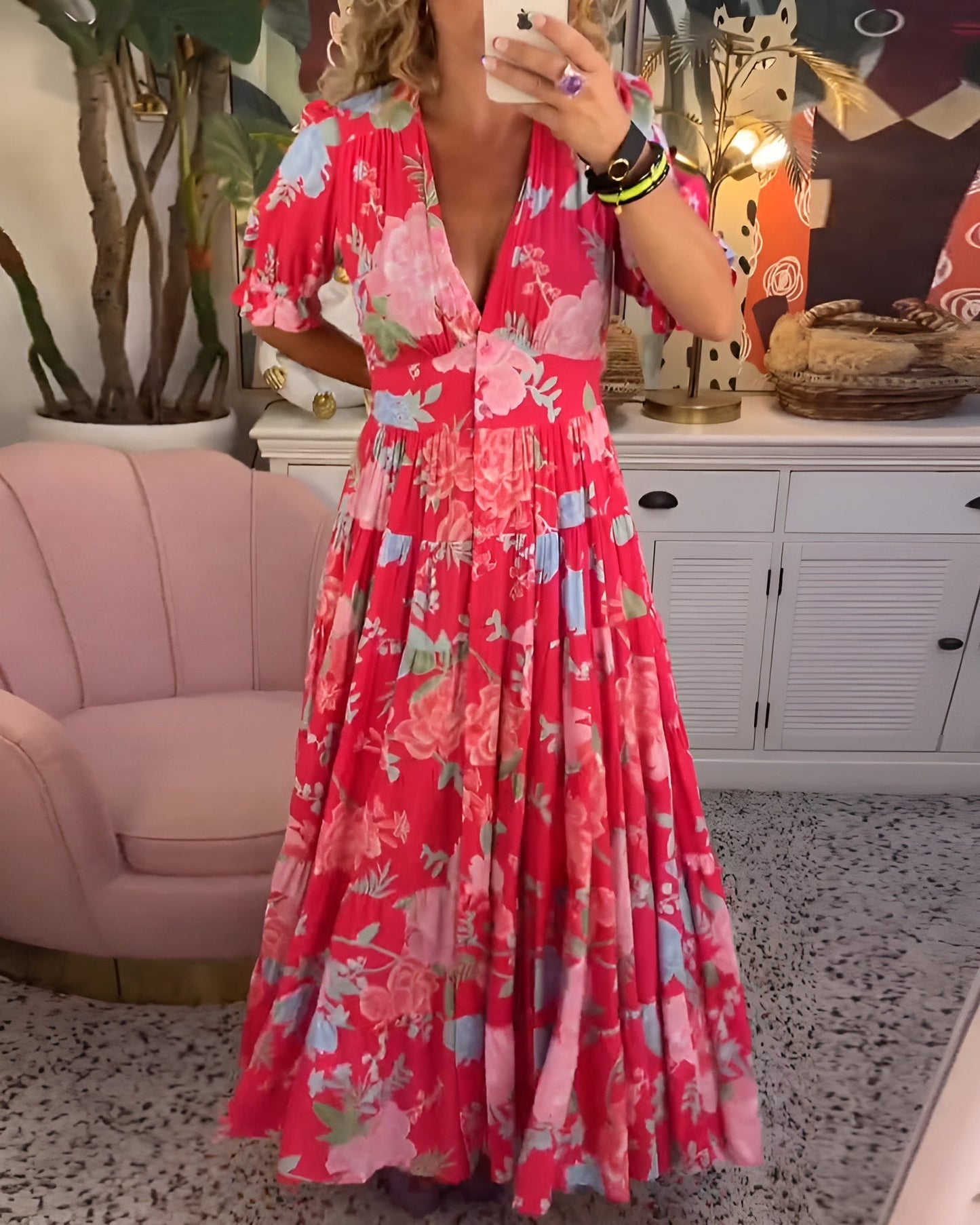 Carine™ | Blommig Maxiklänning med V-ringning