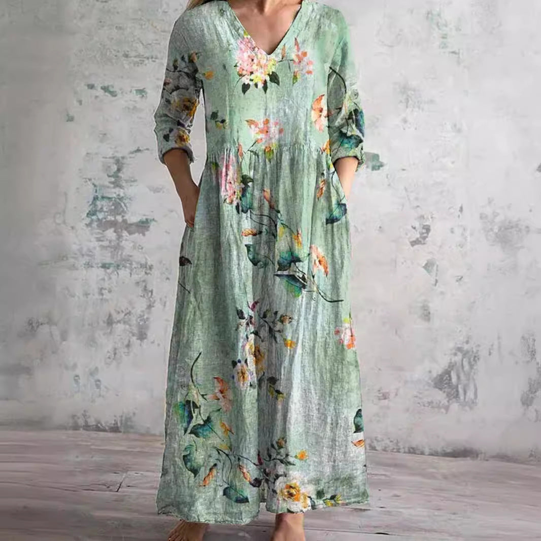 Linnéa™ | Blommig Långklänning i Linne-look med V-ringning
