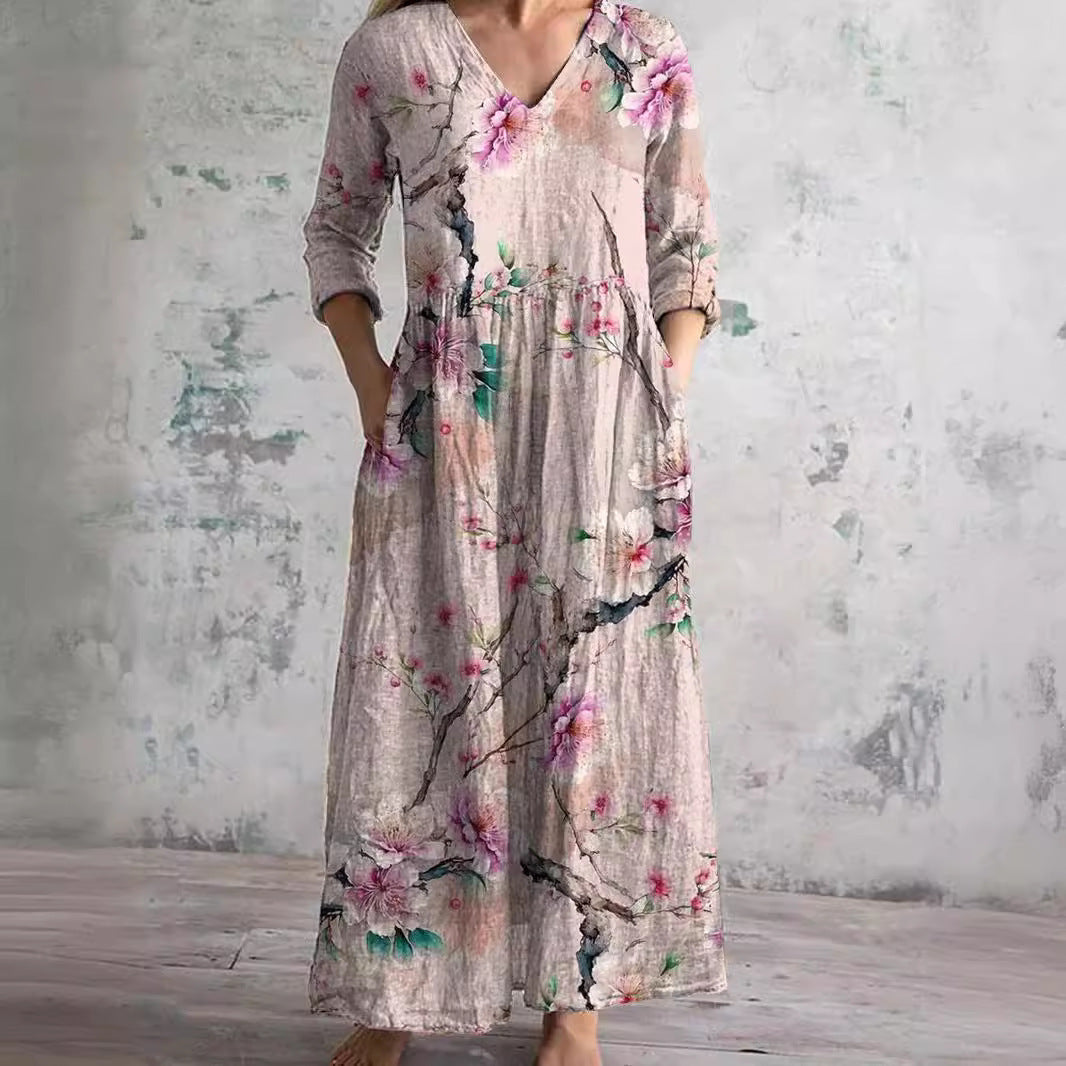 Linnéa™ | Blommig Långklänning i Linne-look med V-ringning