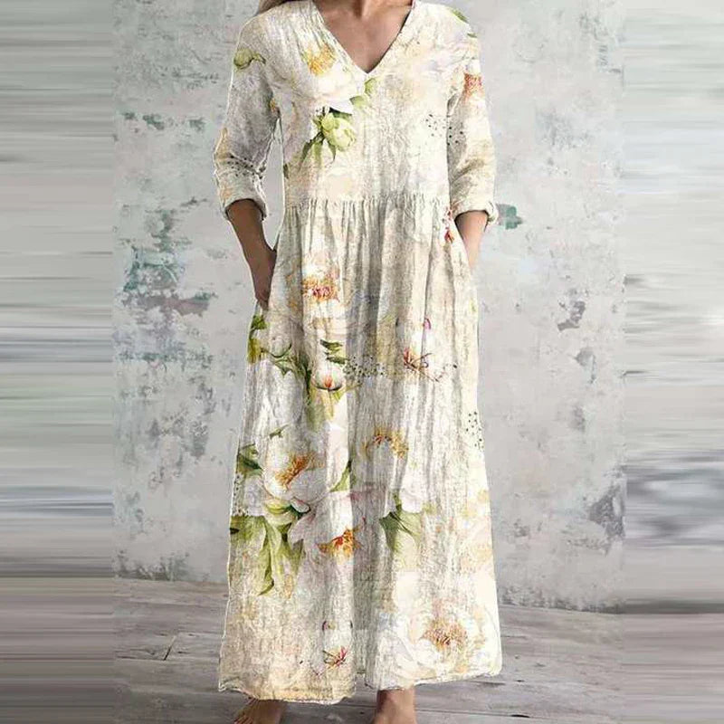 Linnéa™ | Blommig Långklänning i Linne-look med V-ringning