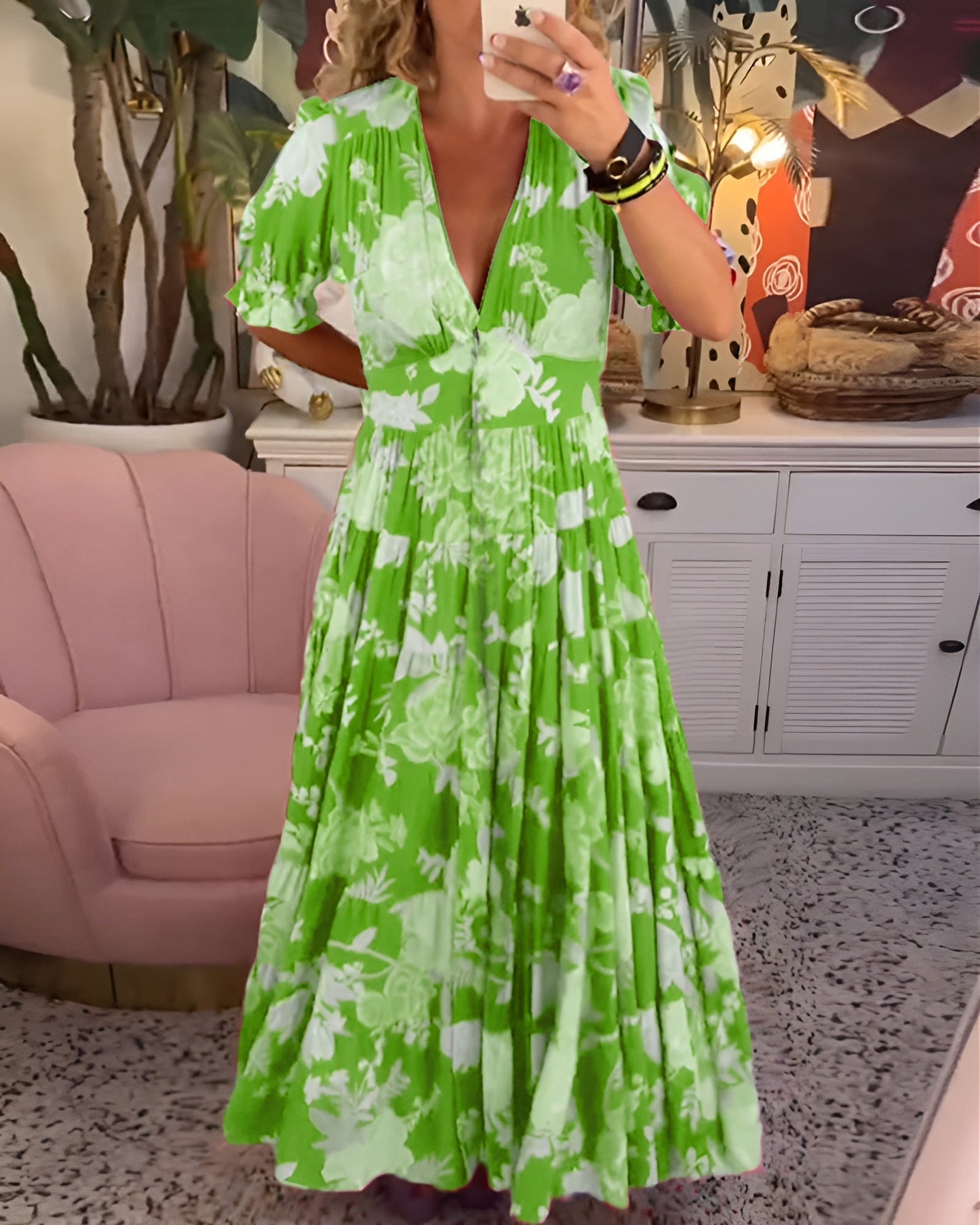 Carine™ | Blommig Maxiklänning med V-ringning
