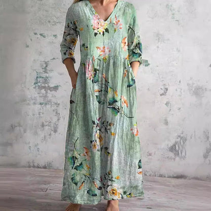 Linnéa™ | Blommig Långklänning i Linne-look med V-ringning