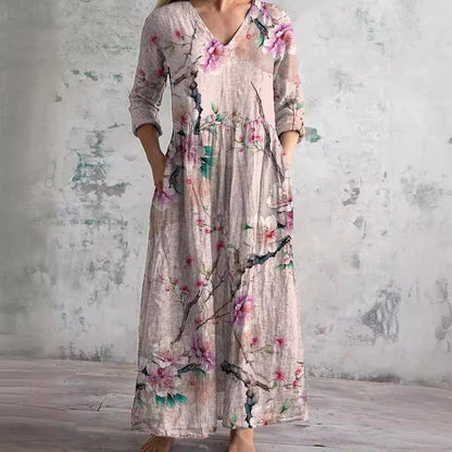Linnéa™ | Blommig Långklänning i Linne-look med V-ringning