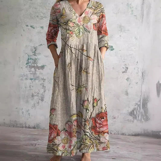 Linnéa™ | Blommig Långklänning i Linne-look med V-ringning